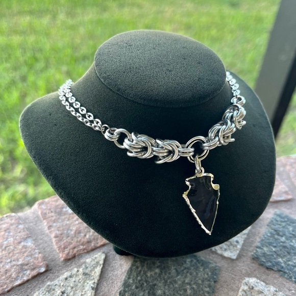 Handmade maille choker necklace black obsidian arrow charm boho goth gemstones - Picture 7 of 13